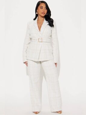 Ivory Plaid Belted Blazer & Wide-Leg Pants Set